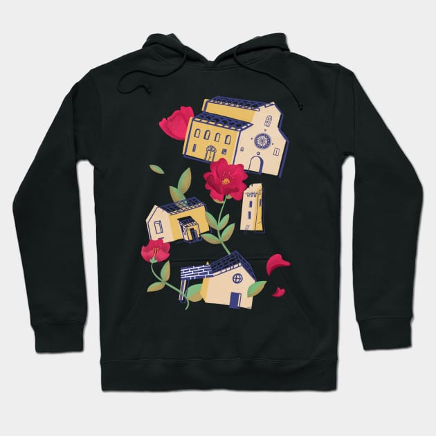 Abstract illustration of an Italian village and flowers Hoodie by Sgrel-art